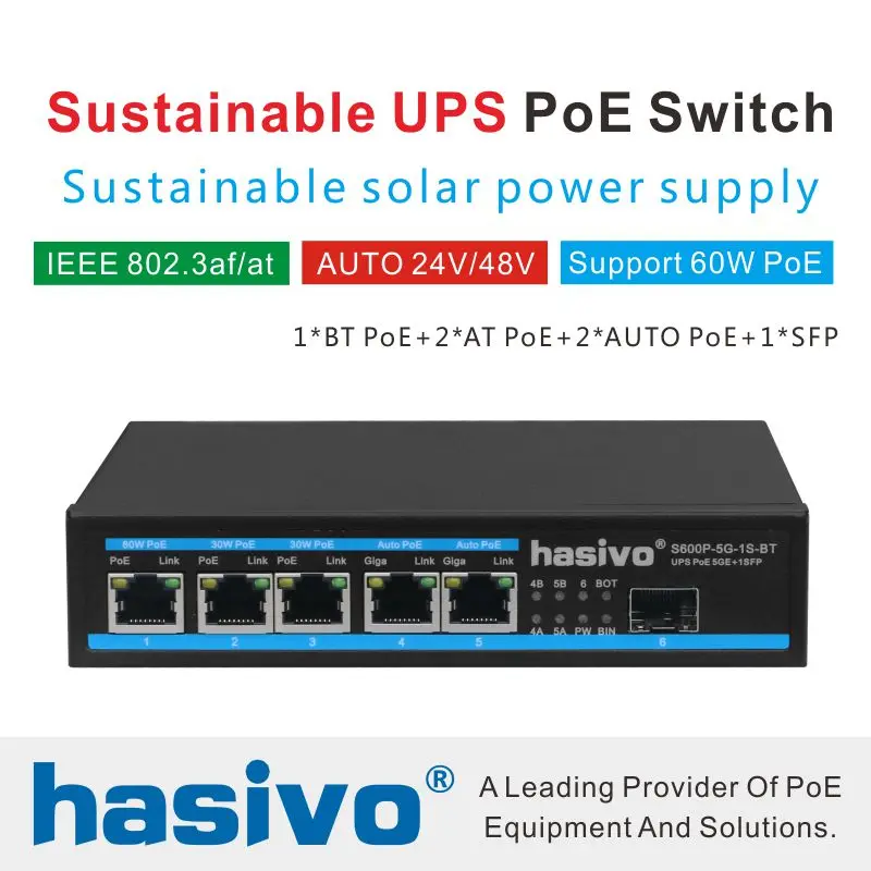 Solar power PoE switch Sustainable UPS PoE Switch 5 Port Gigabit PoE Switch Sustainable solar power supply 1SFP
Solar power PoE switch Sustainable UPS PoE Switch 5 Port Gigabit PoE Switch Sustainable solar power supply 1SFP