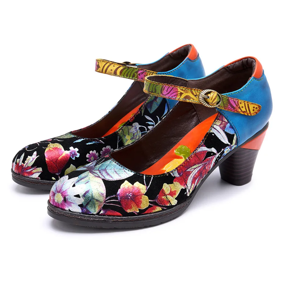 Bohemian Women Pumps Vintage Dress Shoes Woman Spring Summer Genuine Leather Mary Janes Ladies Wedding Shoes Block High Heels (4)