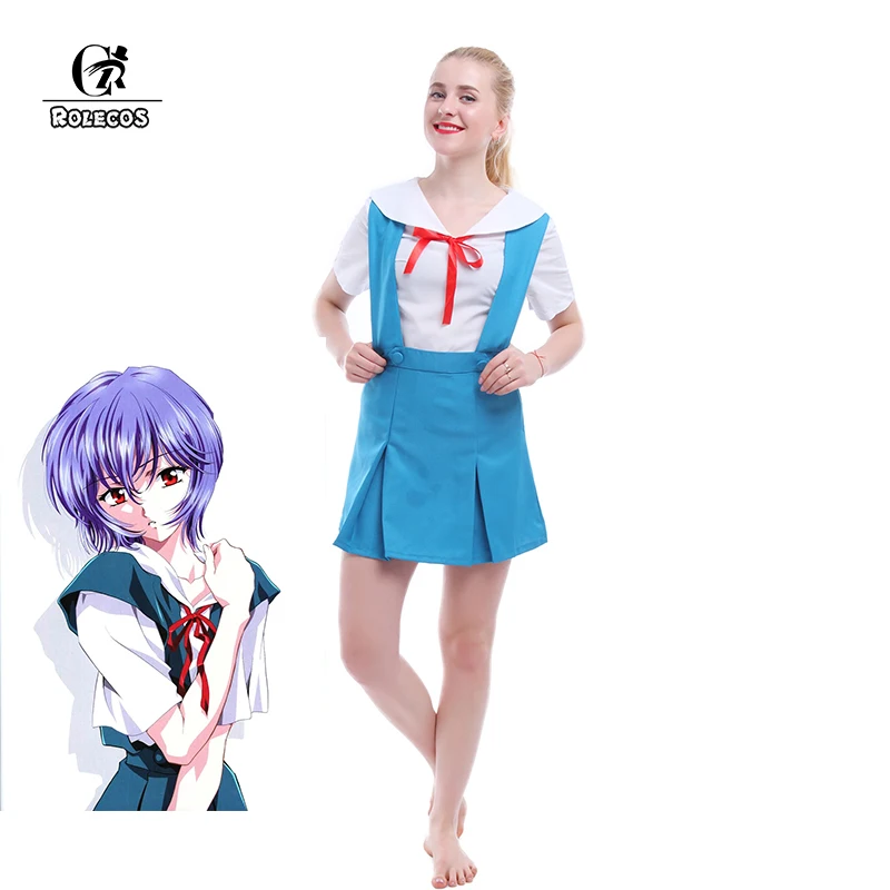 

ROLECOS Ayanami Rei Cosplay Costumes Neon Genesis Evangelion EVA Cosplay Blue School Uniform Summer Suspender Dresses