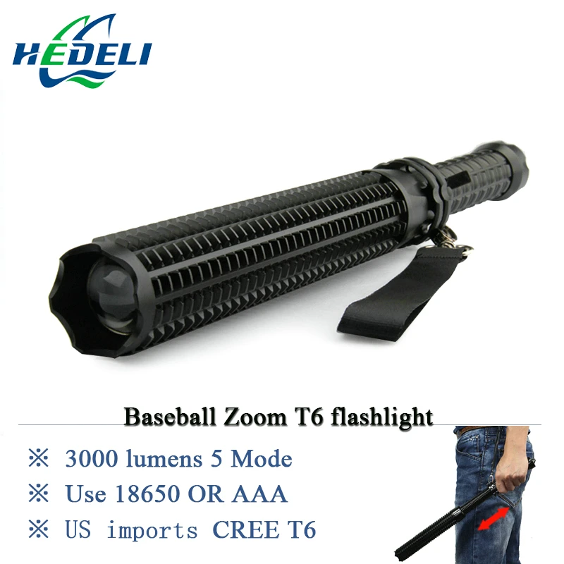 powerful led flashlight cree xml t6 portable light tactical torch baton flash self defense 18650 OR AAA 3000 lumens | Лампы и