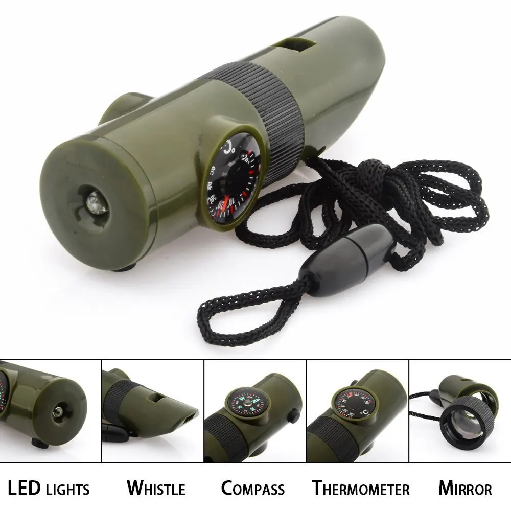 

7 in 1 Mini SOS Survival Kit Camping Survival Whistle With Compass Thermometer Flashlight Magnifier Tools Outdoor Hiking