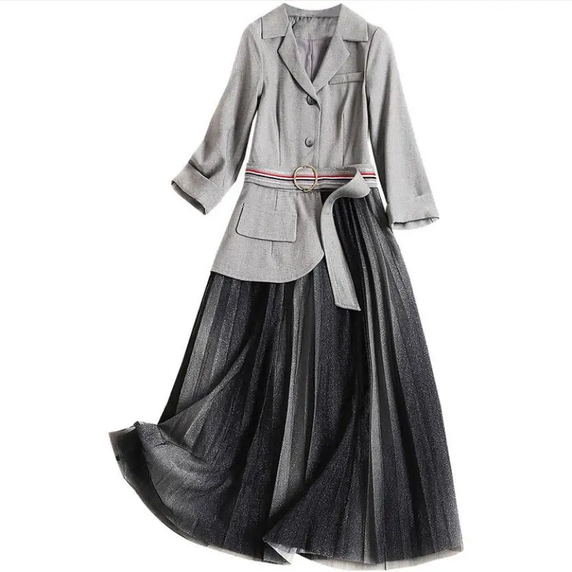 2019 Spring New Notched V-Neck Blazer Fake Two Piece Dress Women's Clothes Long Sleeve Mesh Pleated Fashion Mid-calf Dress
2019 Spring New Notched V-Neck Blazer Fake Two Piece Dress Women's Clothes Long Sleeve Mesh Pleated Fashion Mid-calf Dress