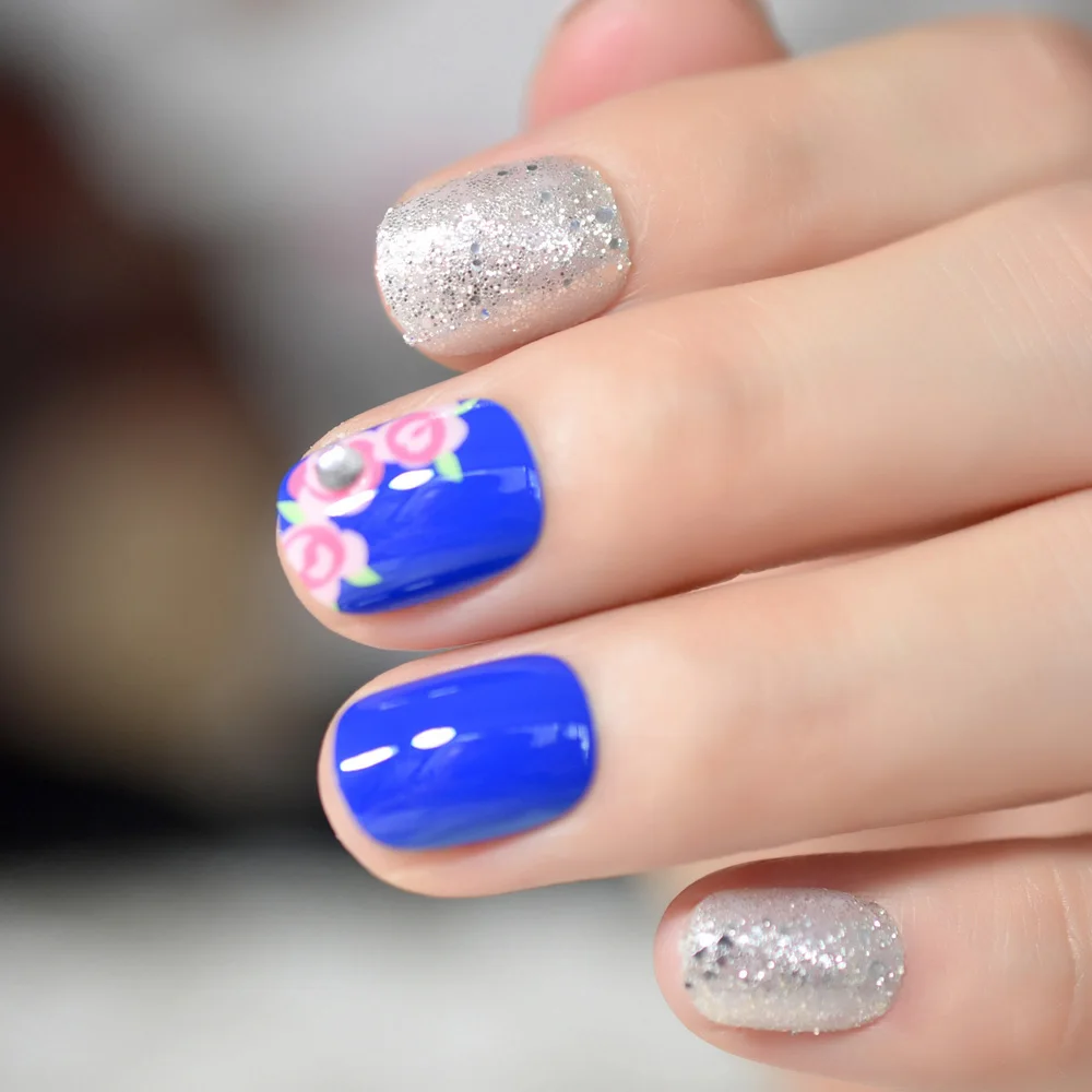Dark Blue False Nails Flower Design Rhinestone Finished Nail Silver Glitter Short Artificial Nail Tips Manicure Tool Z946
Dark Blue False Nails Flower Design Rhinestone Finished Nail Silver Glitter Short Artificial Nail Tips Manicure Tool Z946