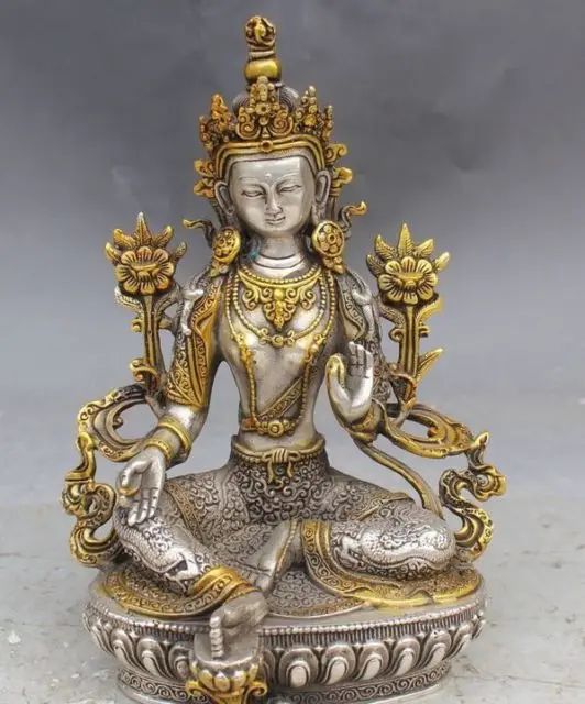 

9" Tibet Silver Gilt Green Tara Mahayana Buddhism enlightenment Goddess Statue A