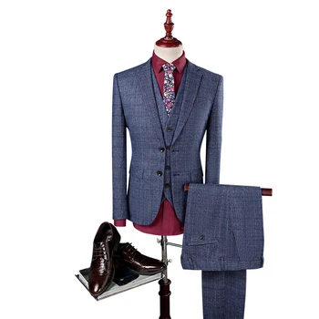 Men Suit Jacket + Pant + Vest Asia size S - 4XL Men suit 3 piece set High Quality grid mens suits with pants Blazer 
Men Suit Jacket + Pant + Vest Asia size S - 4XL Men suit 3 piece set High Quality grid mens suits with pants Blazer