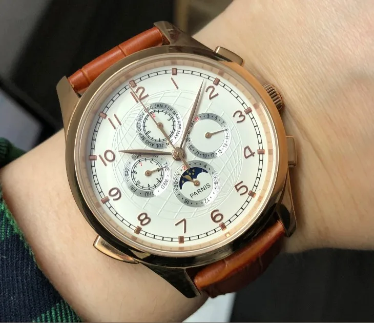 44mm PARNIS Asian Automatic mechanical movement Men's watch Moon Phase Auto Date Rose gold watch case Business watch pa101-p8
44mm PARNIS Asian Automatic mechanical movement Men's watch Moon Phase Auto Date Rose gold watch case Business watch pa101-p8