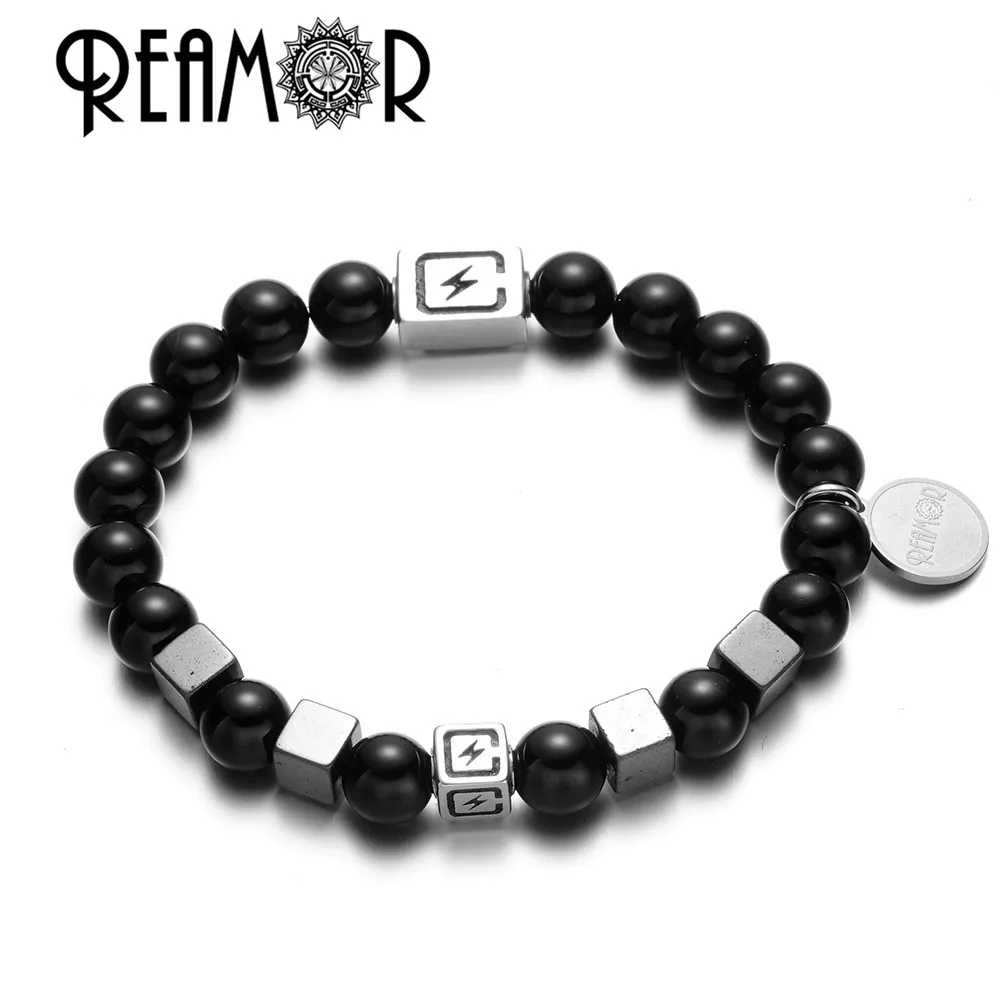 

REAMOR Natural Onyx&Iron Ore Stones Beads Match Stainless Steel Lightning Strand Stretch Men Bracelets Luxury Jewelry Women