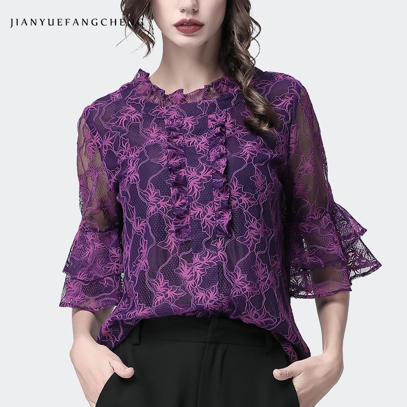 Summer Womens Lace Blouse Purple Ruffled Leaves Printed Half Sleeve Tops Loose Plus Size Street Office Wear Female Casual Blouse
Summer Womens Lace Blouse Purple Ruffled Leaves Printed Half Sleeve Tops Loose Plus Size Street Office Wear Female Casual Blouse