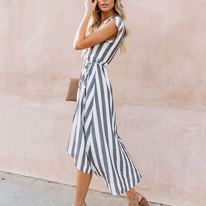 2019 Women V Neck Lace Up Maxi Dress Irregular Hem Striped Dress Short Sleeve Bandage Casual Dress
2019 Women V Neck Lace Up Maxi Dress Irregular Hem Striped Dress Short Sleeve Bandage Casual Dress