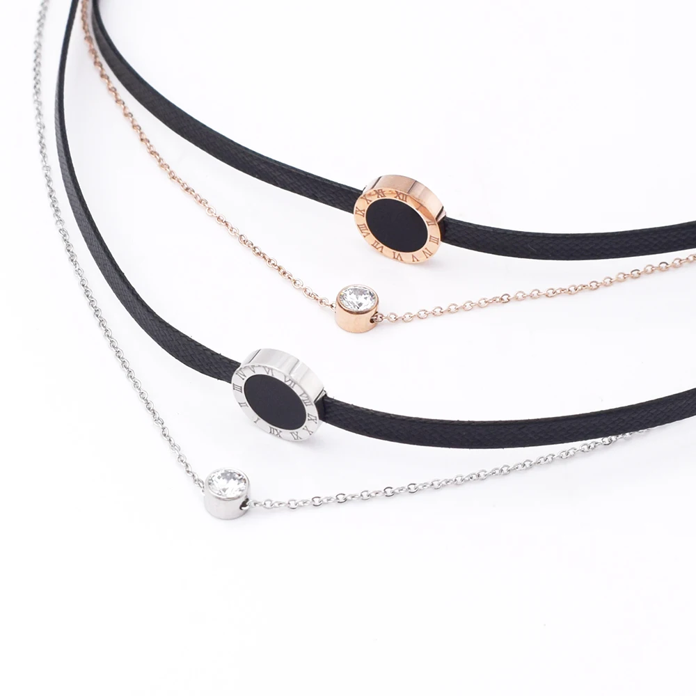 Hot Sell Fashion Jewelry 2 Layer Leather & Stainless Steel Choker Collar Zircon Necklaces For Women Roman Numerals Necklace
Hot Sell Fashion Jewelry 2 Layer Leather & Stainless Steel Choker Collar Zircon Necklaces For Women Roman Numerals Necklace