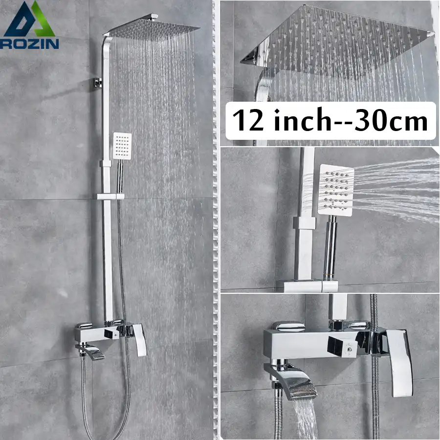 Chrome Shower Faucet Bath Shower System Wall Mounted Rainfall Head