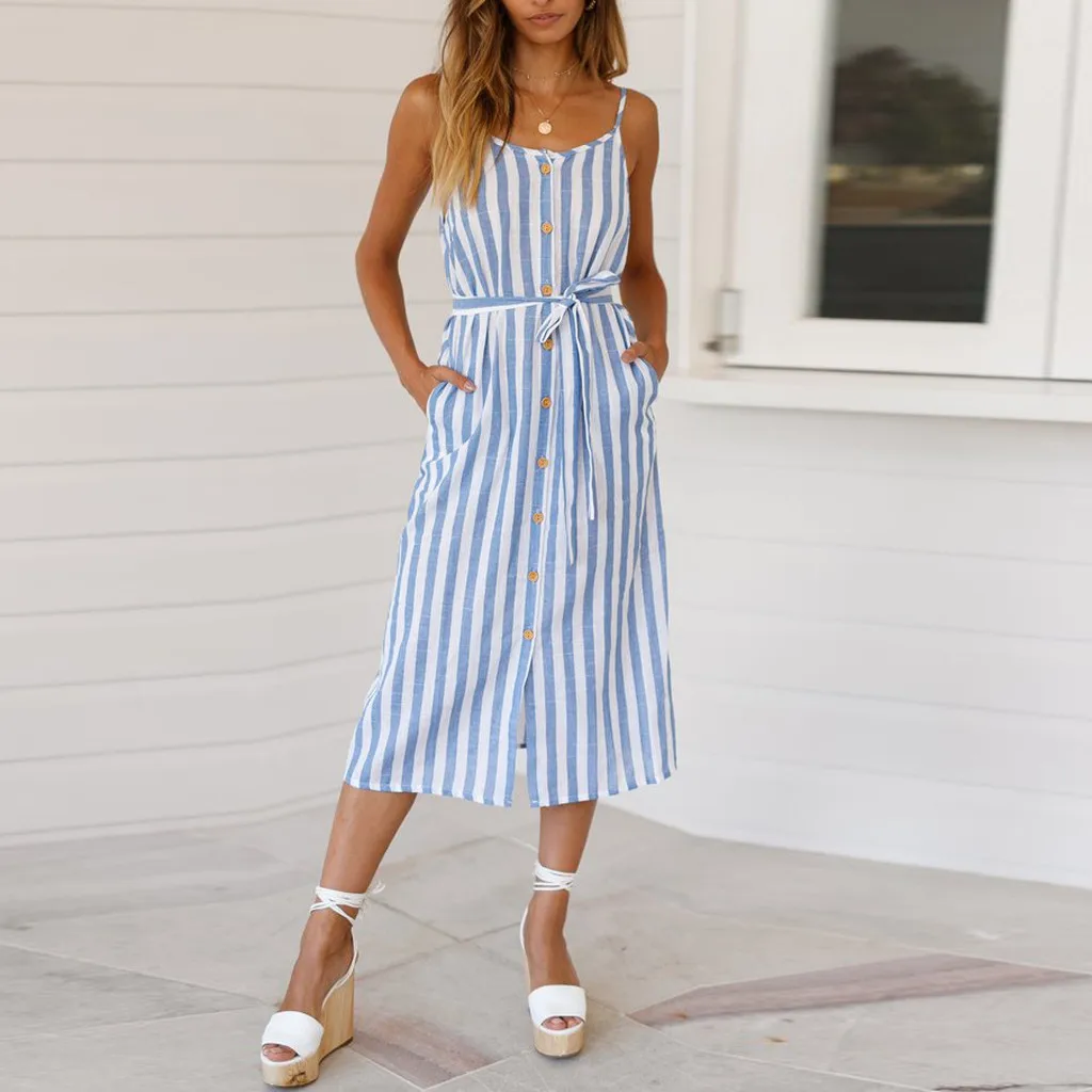 Vetement Femme Womens Boho vestido summer Dress Stripe Sleeveless Camisole Dress Ladies O-Neck Button Party Sundress clothes
Vetement Femme Womens Boho vestido summer Dress Stripe Sleeveless Camisole Dress Ladies O-Neck Button Party Sundress clothes