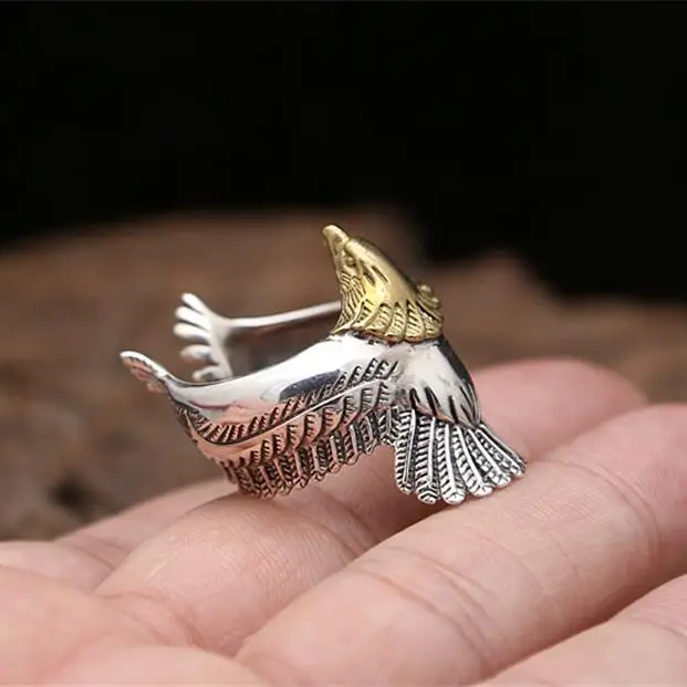 Vintage Indian Style Eagle Cuff Ring Men 100% Solid 925 Sterling Silver Designer Jewelry Free Gift Box Top Quality 10.7g | Украшения и