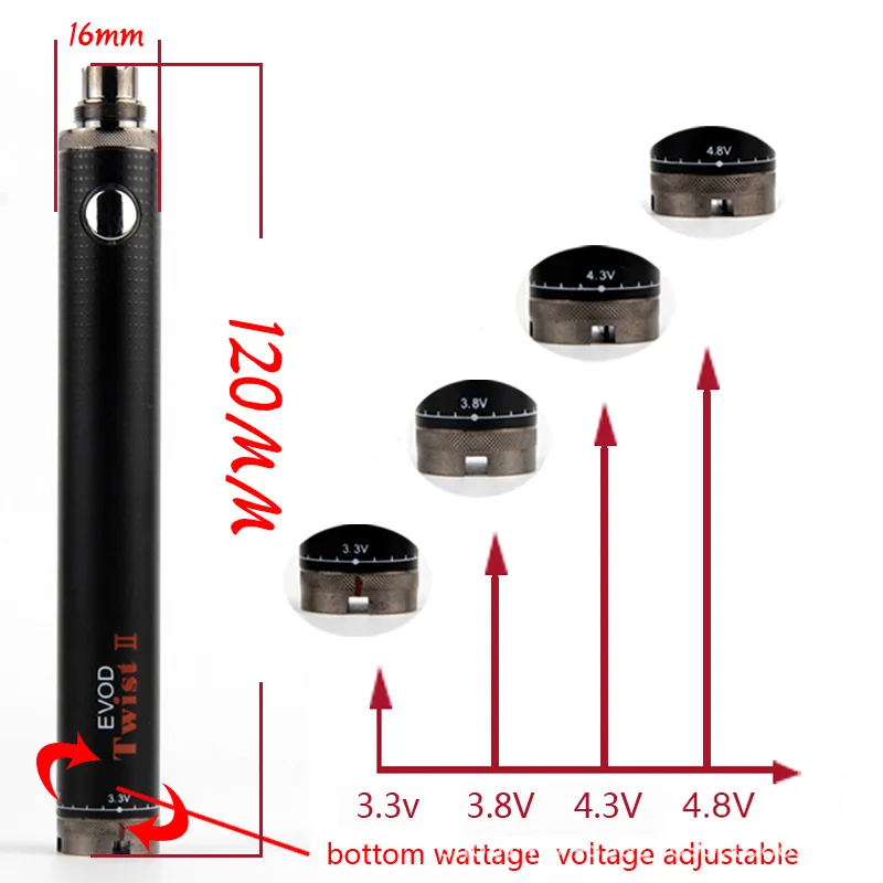 eVod Twist II Battery E Cigarette 1600mAh 3.3~4.8V Variable Voltage Evod Battery 2 for T3S CE4 Atomizers Vape Tank Vaporizer Kit