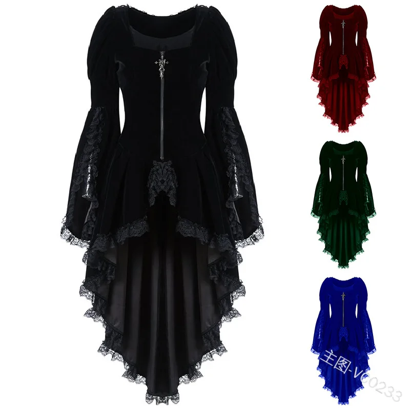 Women Fashion Gothic Long Sleeve Lace Stitching Velvet Tuxedo Jacket Medieval Aristocratic Ladies Vampire Dress Lolita Cosplay Costume