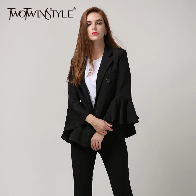 TWOTWINSTYLE Flare Sleeve Blazer For Women Ruffles Lapel Collar Double Breasted Big Size Coats Spring 2019 Fashion OL Clothing
TWOTWINSTYLE Flare Sleeve Blazer For Women Ruffles Lapel Collar Double Breasted Big Size Coats Spring 2019 Fashion OL Clothing