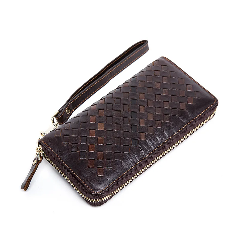 Image Hot style wholesale restoring ancient leather wallet Men s pure manual weaving wallets long head layer cowhide zipper wallet