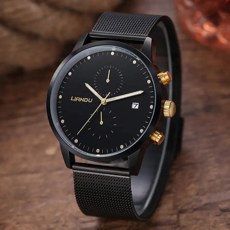 LIANDU Luxury Brand Fashion Simple Stylish Mens Chronograph Quartz Watch Black Dial Simulated Stainless Steel Mesh Strap Watches
LIANDU Luxury Brand Fashion Simple Stylish Mens Chronograph Quartz Watch Black Dial Simulated Stainless Steel Mesh Strap Watches