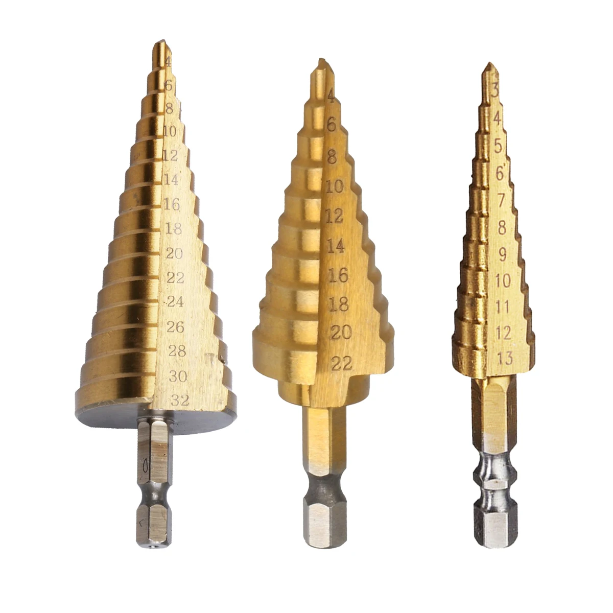 HSS Steel Large Step Cone Titanium Coated Metal Drill Bit Cut Tool Set Hole Cutter 3-13mm /4-32mm /4-22mm Hole Cutter Wholesale
HSS Steel Large Step Cone Titanium Coated Metal Drill Bit Cut Tool Set Hole Cutter 3-13mm /4-32mm /4-22mm Hole Cutter Wholesale