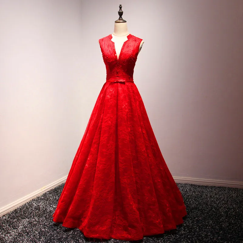 Фото Сексуальный красный глубокий v-образным вырезом бусинами лиф платья выпускного
