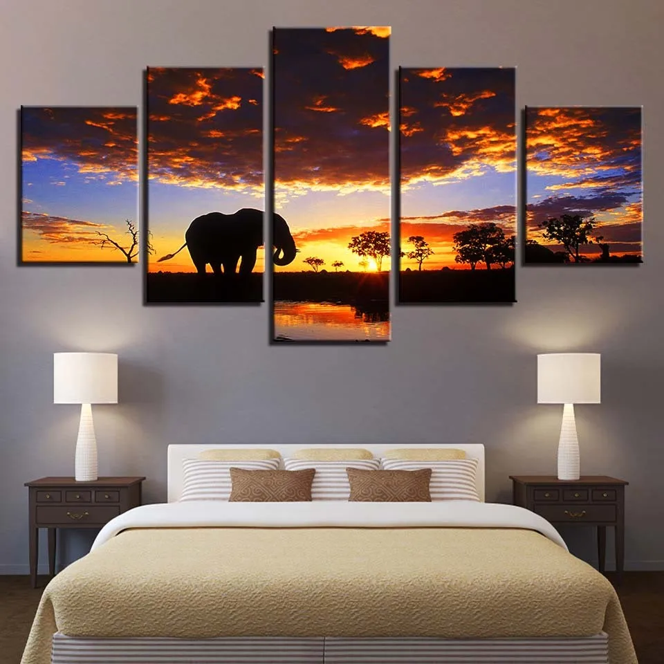 Canvas-Pictures-Frame-Home-Decor-HD-Prints-Trees-Scenery-Poster-5-Pieces-Elephant-In-Sunset-Lake (2)