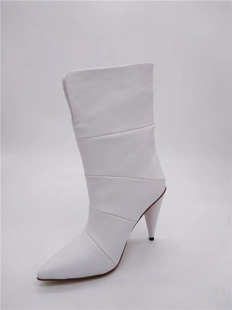

newest brand women shoes white high heels mid-calf boots pointed toe hoof heels riding boots V type Motorcycle boot real picture