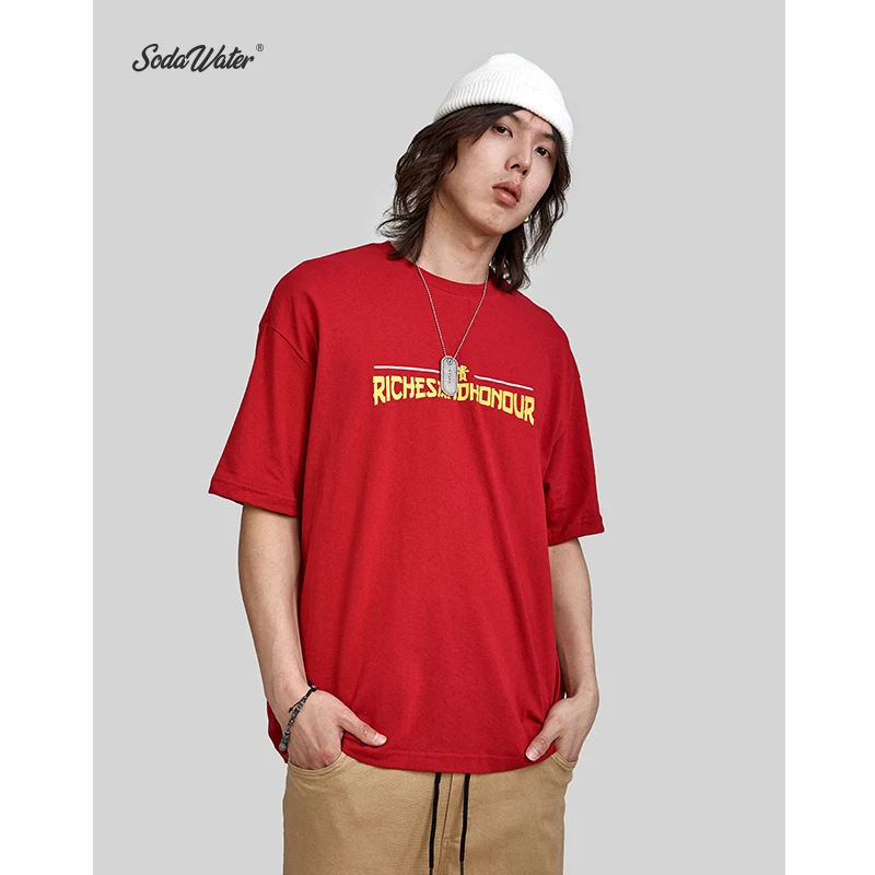 SODA WATER Zhongwen Print Tee Men's Funny T-shirt Loose Fit Streetwear Harajuku Icon Short Sleeve Unisex Clothes 9155S | Мужская