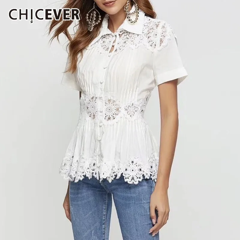 CHICEVER Solid Hollow Out Shirt For Women Lapel Collar Short Sleeve Slim Button Blouse Top Female Fashion New Korean 2019 Summer
CHICEVER Solid Hollow Out Shirt For Women Lapel Collar Short Sleeve Slim Button Blouse Top Female Fashion New Korean 2019 Summer