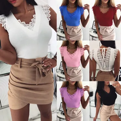 Summer Tee Shirt Femme V-neck Women Tshirt Solid Sleevless Elegant Bandage Lace Patchwork Women Clothing
Summer Tee Shirt Femme V-neck Women Tshirt Solid Sleevless Elegant Bandage Lace Patchwork Women Clothing