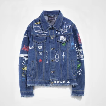 New Jean Jacket With Loose Wash Holes And Printing In America Turn-down Collar Single Breasted Cotton Casual Brand Clothing Men 
New Jean Jacket With Loose Wash Holes And Printing In America Turn-down Collar Single Breasted Cotton Casual Brand Clothing Men