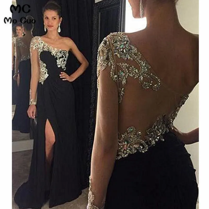 2019 One Shoulder Evening Dresses Long with Crystals Beaded Long Sleeves Front Slit Chiffon Evening Party Dress for Women
2019 One Shoulder Evening Dresses Long with Crystals Beaded Long Sleeves Front Slit Chiffon Evening Party Dress for Women