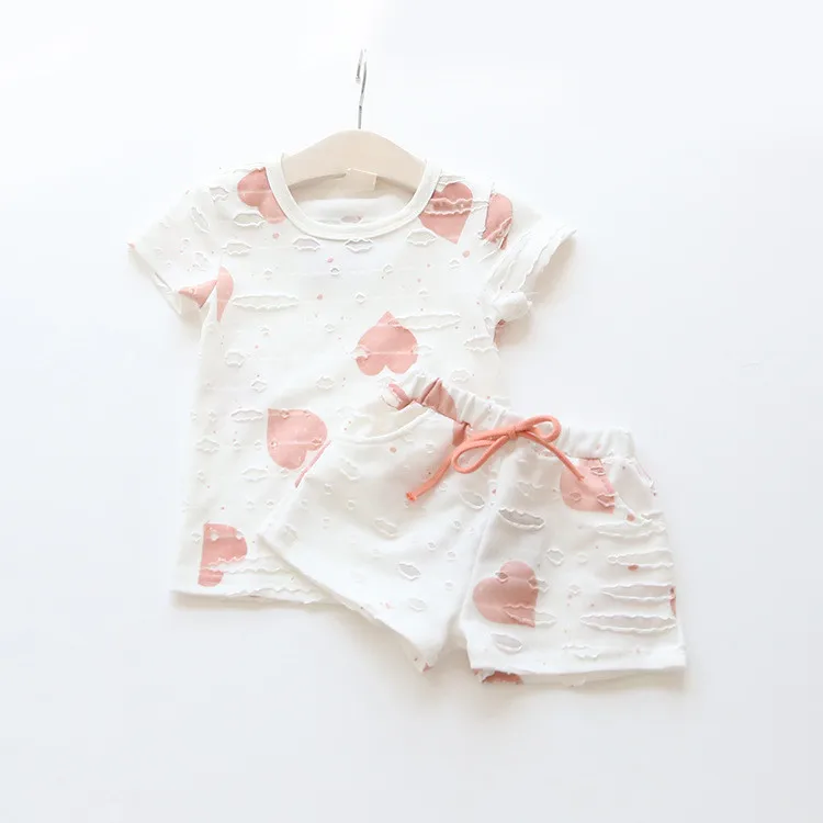 Baby Girls Clothes Sets 2019 Summer Heart Printed Girl Short Sleeve Tops Shirts + Shorts Casual Kids Children's Clothing Suit 14
