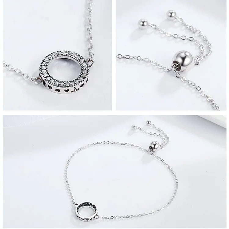 Details about  / Women 925 Sterling Silver Geometric CZ Silver Circle Chain Hand Bracelet 6-7/"