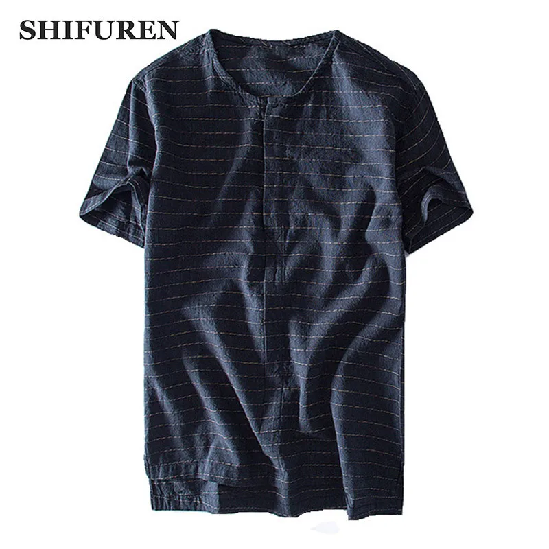 SHIFUREN Men's Summer Short Sleeve Cotton Linen Shirts Causal Male Collarless Shirts Striped Tops Retro Chinese Style Size M-3XL
SHIFUREN Men's Summer Short Sleeve Cotton Linen Shirts Causal Male Collarless Shirts Striped Tops Retro Chinese Style Size M-3XL