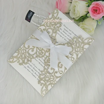 

Champagne Glitter Invitation Cards with White Ribbon for Wedding Bridal Shower Birthday Graduation Quinceanera Invitations
