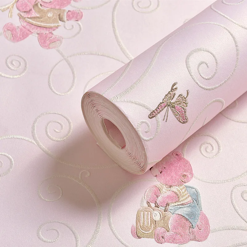 

Environmentally friendly thickening children's room bedroom girl boy cartoon bear cat 3D stereo non-woven wall papers wallpaper