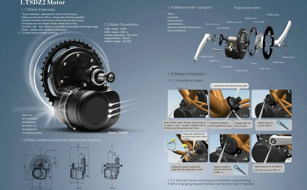 Discount EU stock EU no Tax Tongsheng TSDZ2 DIY Conversion ebike Mid Kit Motor,Torque Sensor 36V 48V High Speed Electric Bike Motor 3