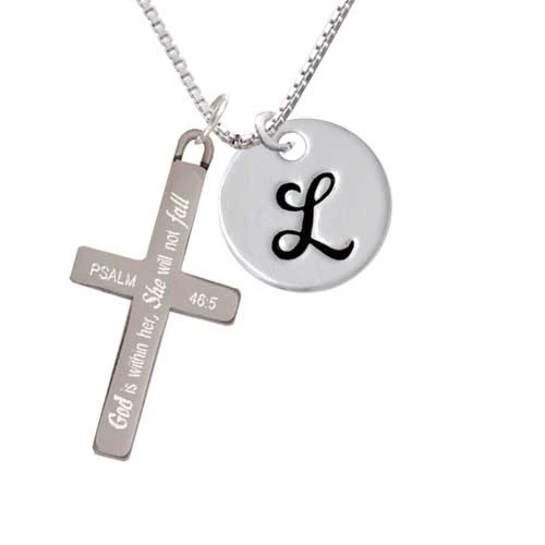 Large Script Letter - L - 3/4'' Disc - - She will not Fall - Cross Necklace (1)