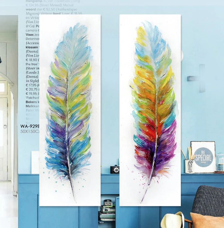 Image Modern colored feathers hand painted watercolor original digital inkjet canvas wall art  Home Decor