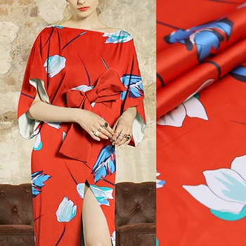 108CM Wide 19MM Blue Tulips Print 93% Silk & 7% Spandex Stretch Orange Red Silk Satin Fabric for Dress Cheongsam Pants B160
108CM Wide 19MM Blue Tulips Print 93% Silk & 7% Spandex Stretch Orange Red Silk Satin Fabric for Dress Cheongsam Pants B160
