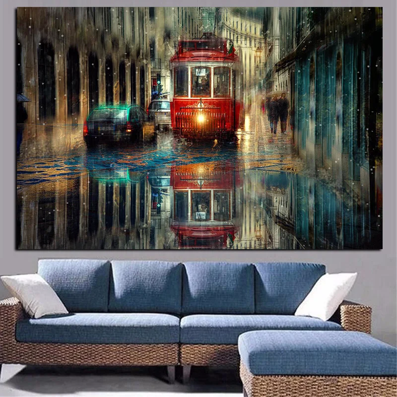 HD Print Retro Tram Rain City Street Oil Painting on Canvas Pop Art Modern Wall Picture for Living Room Poster Sofa Cudros Decor (2)