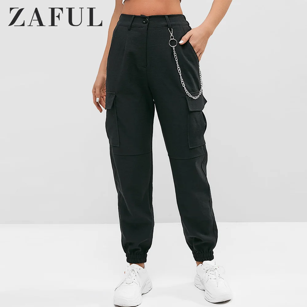 

ZAFUL Chain Flap Pockets High Waisted Jogger Black Pants Zipper Fly Solid Kpop Streetwear Trousers Cool Pants Joggers Women