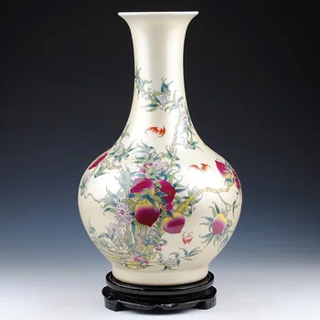 

Ancient Style Artistic Porcelain Traditional Chinese Elegant Tabletop Vase with Light Golden Based Peach Painting ZDV-M005S