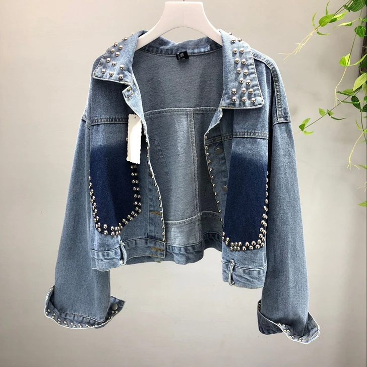 Heavy Studded Denim Jacket for Women Autumn Long Sleeve Jeans Coat Fashion Black Lapel Single Breasted 2018 Female Jackets Coats 
Heavy Studded Denim Jacket for Women Autumn Long Sleeve Jeans Coat Fashion Black Lapel Single Breasted 2018 Female Jackets Coats
