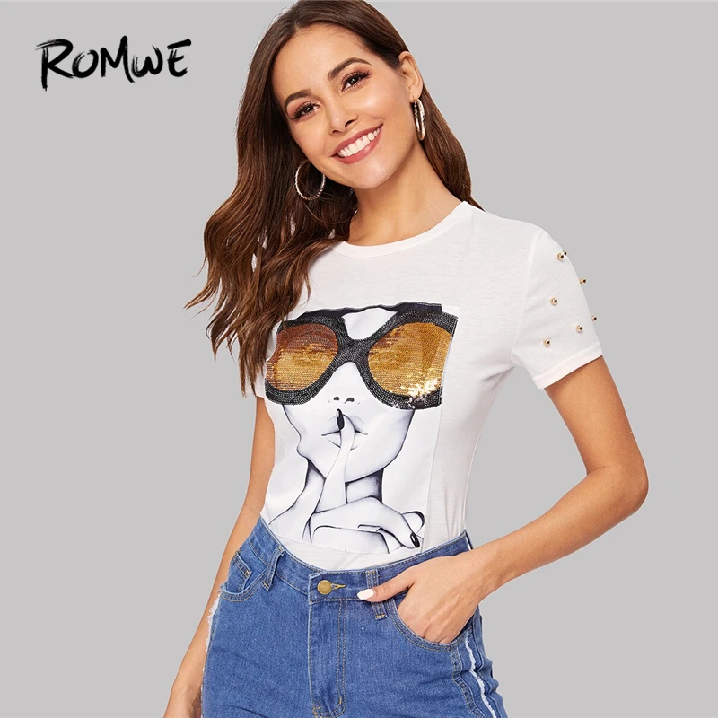 ROMWE White Contrast Sequin Figure Print Beaded Tee Women Summer 2019 Round Neck Short Sleeve Fashion Casual T-Shirts Tops
ROMWE White Contrast Sequin Figure Print Beaded Tee Women Summer 2019 Round Neck Short Sleeve Fashion Casual T-Shirts Tops