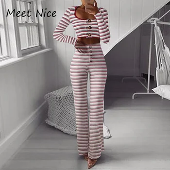 2 Two Piece Set Women Striped Ribbed O Neck Crop Top and Long Pants Set Sexy Buttons Tracksuit Women Conjunto Feminino
2 Two Piece Set Women Striped Ribbed O Neck Crop Top and Long Pants Set Sexy Buttons Tracksuit Women Conjunto Feminino
