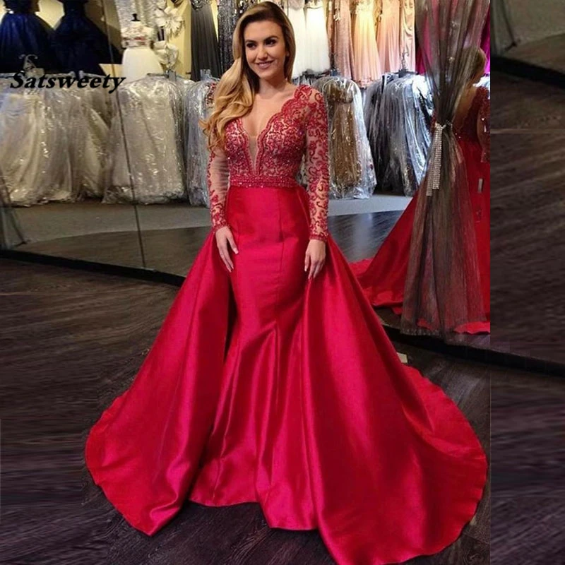 Elegant Mermaid Prom Dresses V Neck Long Sleeves Appliques Beading Satin Backless Burgundy Red Formal Evening Gowns
Elegant Mermaid Prom Dresses V Neck Long Sleeves Appliques Beading Satin Backless Burgundy Red Formal Evening Gowns