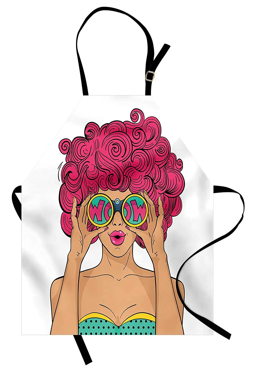 Curly Hair Apron Wow Face Funky Sexy Woman with Funny Glasses Comic Hippie Fashion Cartoon Kitchen Bib Cooking Baking | Дом и сад