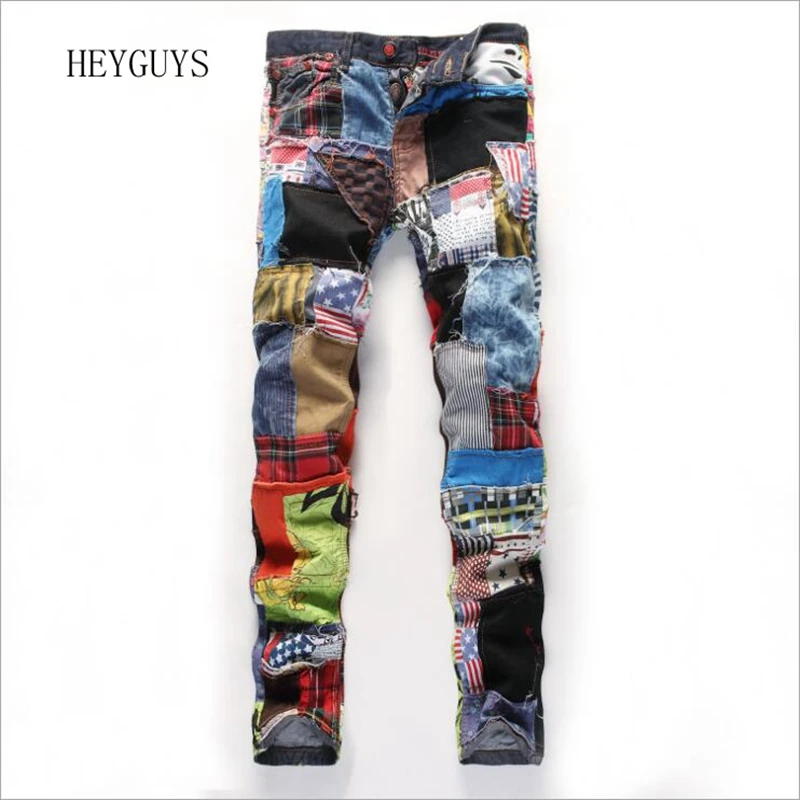 HEYGUYS Men's patchwork spliced ripped denim jeans Male fashion slim colored patch buttons fly straight pants Free shipping
HEYGUYS Men's patchwork spliced ripped denim jeans Male fashion slim colored patch buttons fly straight pants Free shipping