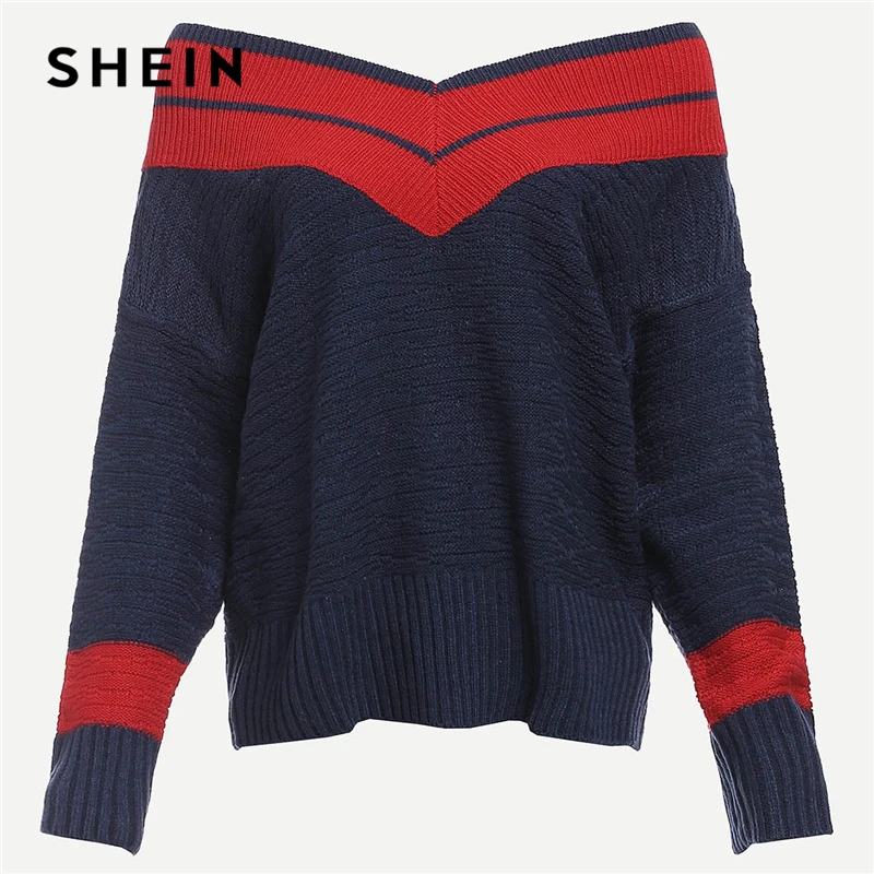 

SHEIN Navy Preppy Highstreet Two Tone Chevron Pattern Colorblock Jumper 2018 Autumn Campus Women Pullovers Sweaters